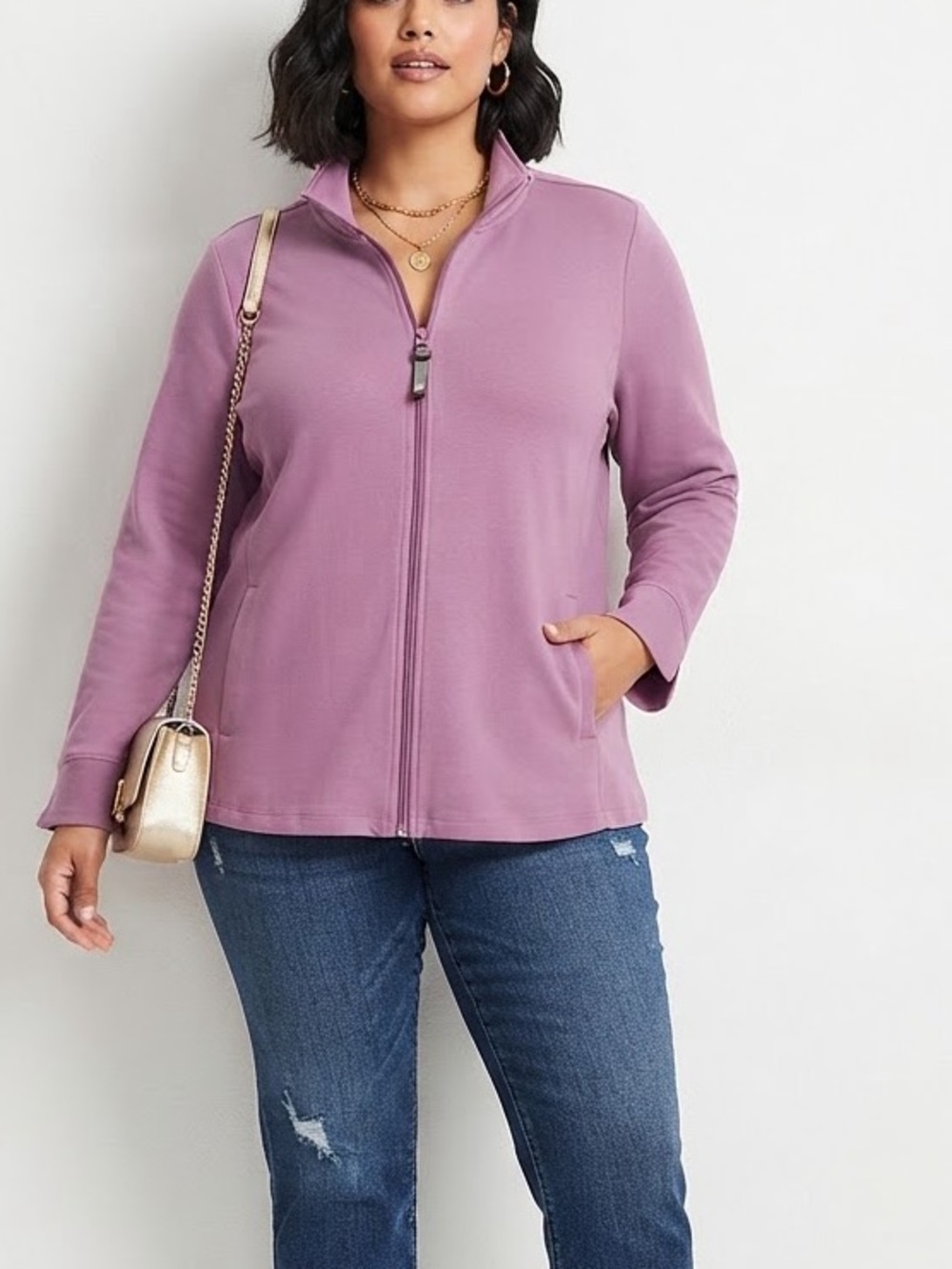 Talbots Orchid Purple Pima Cotton Blend Mock Neck Zip Jacket 💛